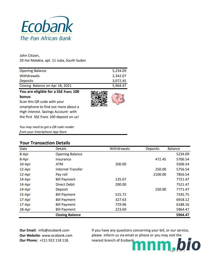 Szablon wyciągu bankowego Ecobank w Sudanie Południowym w programie Word i PDF